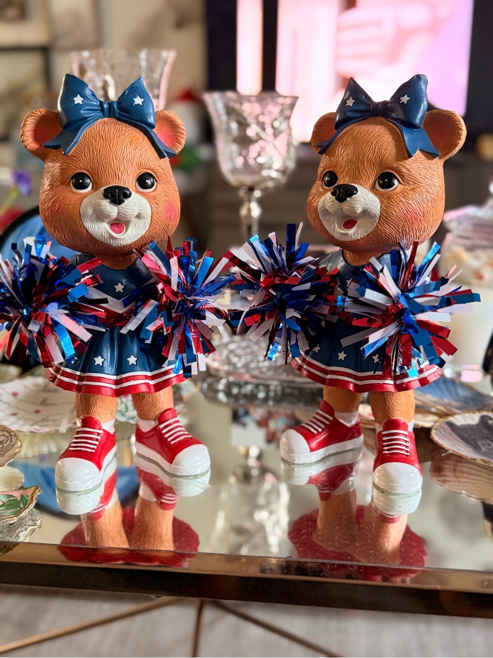 Patriotic Cheerleader Bear Figurines – Set of 2 – 12” Tall NWOT